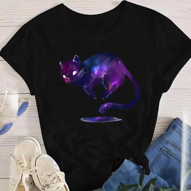 Women Lady Oversized T-shirt Tees Female Short Sleeve Cartoon Print Graphic Clothes Tops Cute Cat Animal