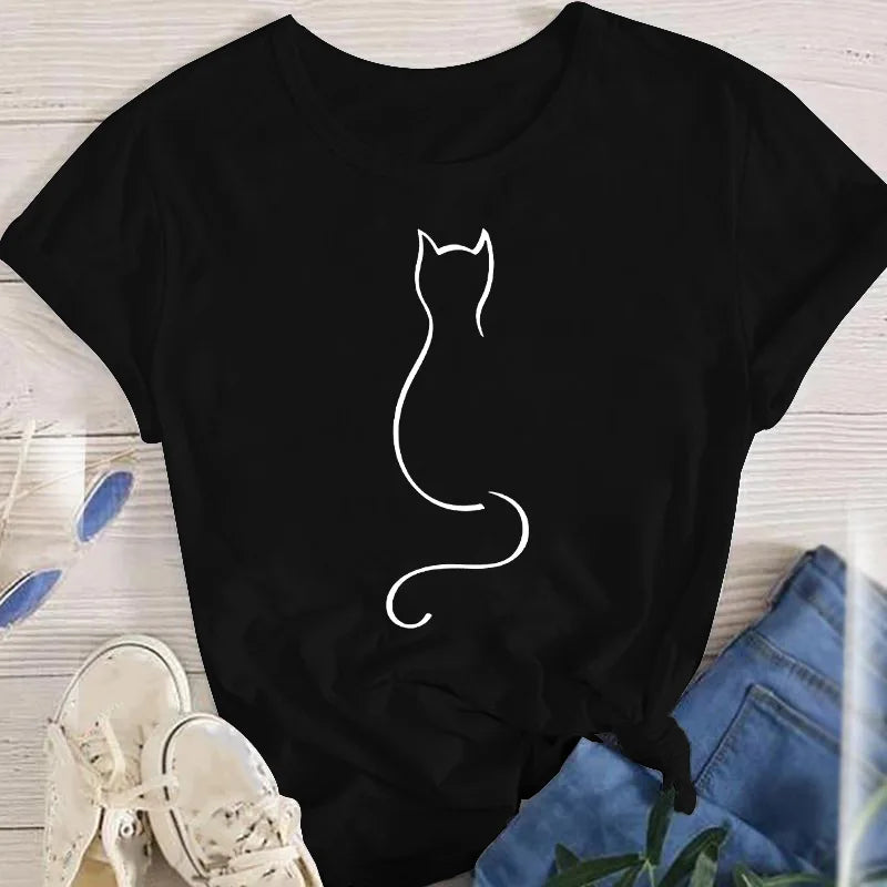 Women Lady Oversized T-shirt Tees Female Short Sleeve Cartoon Print Graphic Clothes Tops Cute Cat Animal