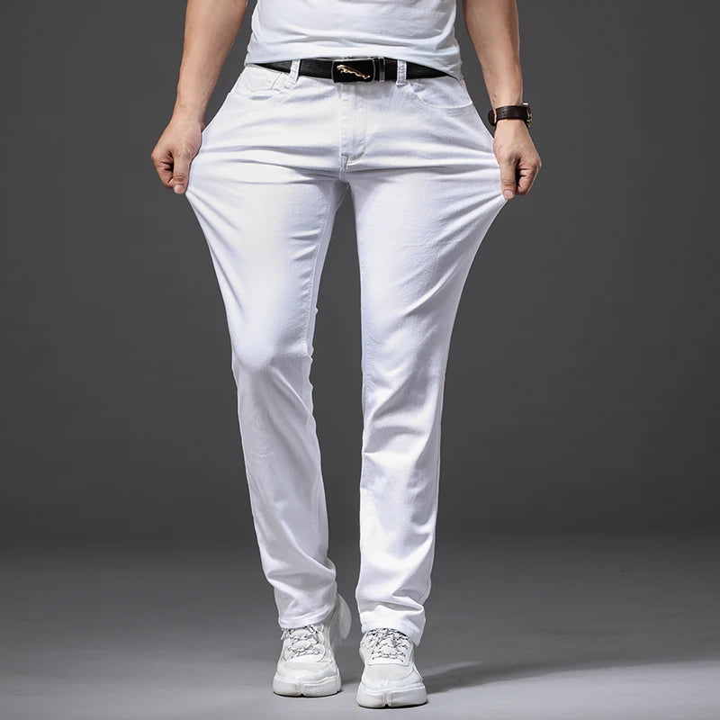 Men White Jeans Fashion Casual Classic Style Slim Fit