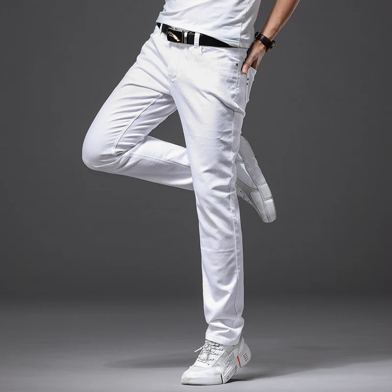 Men White Jeans Fashion Casual Classic Style Slim Fit
