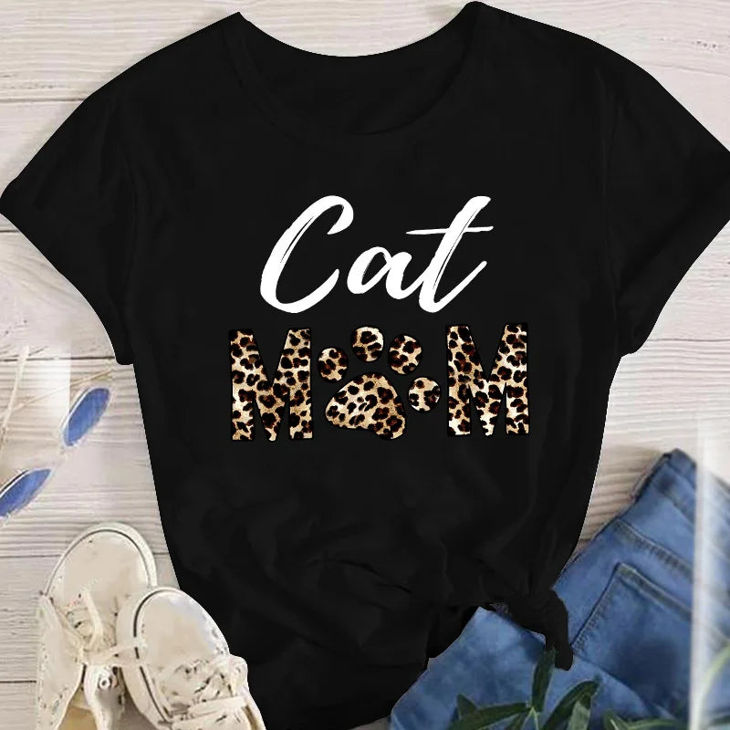 Women Lady Oversized T-shirt Tees Female Short Sleeve Cartoon Print Graphic Clothes Tops Cute Cat Animal