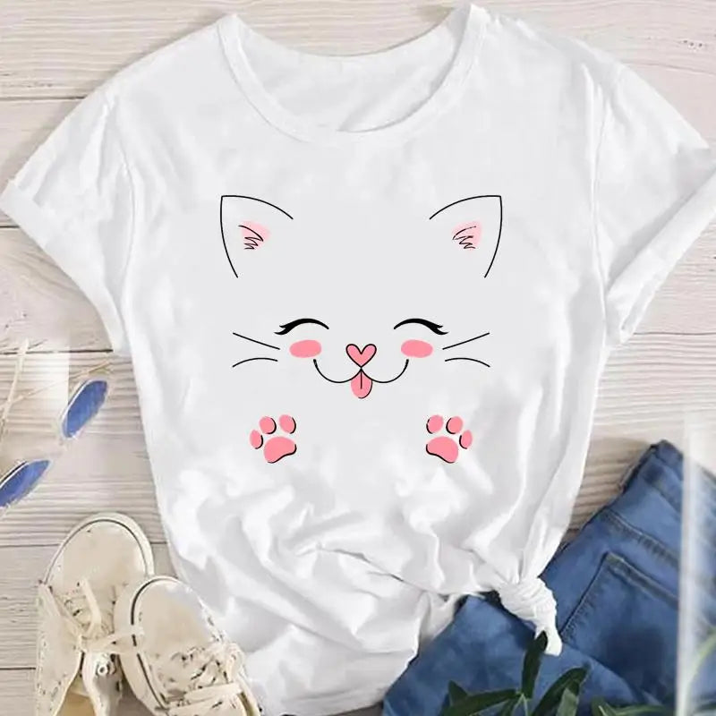 Women Lady Oversized T-shirt Tees Female Short Sleeve Cartoon Print Graphic Clothes Tops Cute Cat Animal