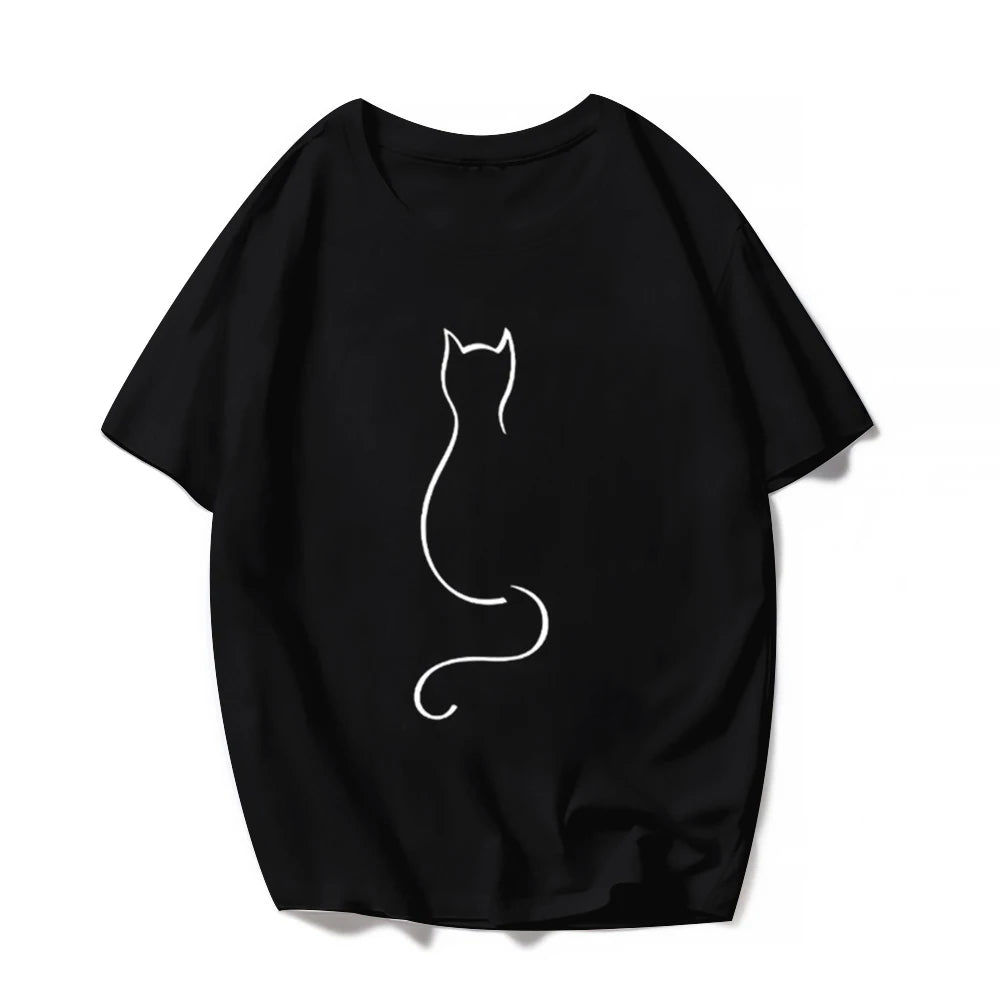 Women Lady Oversized T-shirt Tees Female Short Sleeve Cartoon Print Graphic Clothes Tops Cute Cat Animal