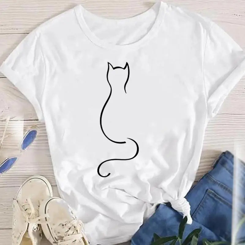 Women Lady Oversized T-shirt Tees Female Short Sleeve Cartoon Print Graphic Clothes Tops Cute Cat Animal