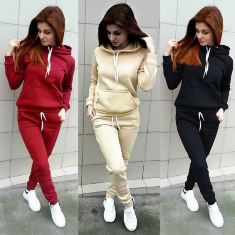 Solid Women Tracksuit Casual Hoodies Sweatshirt Pant Set