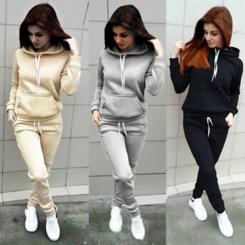 Solid Women Tracksuit Casual Hoodies Sweatshirt Pant Set