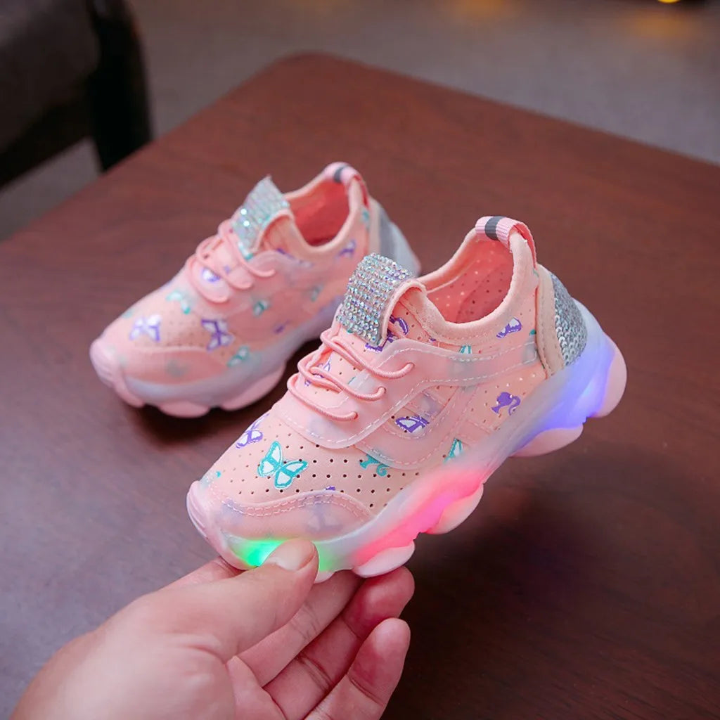 LED Shoes Girl Shoes Fashion Butterfly Crystal Led Luminous Sport Run Sneakers Shoes Scarpe Children Kid Baby Girls Sneakers