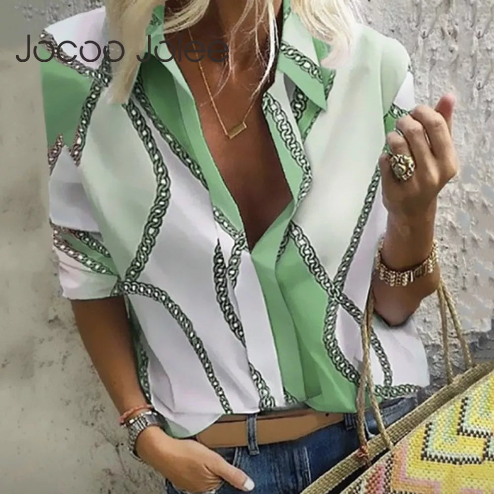 Jocoo Jolee Women Casual Blouse Long Sleeve Chain Shirt Print Office Turn Down Collar Elegant Work Oversized Tops Tunic