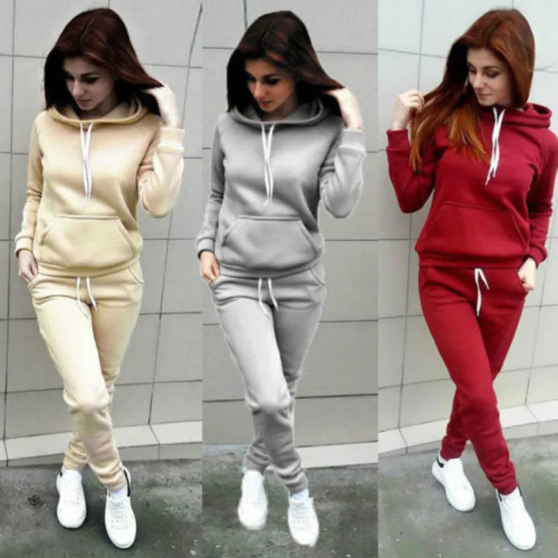 Solid Women Tracksuit Casual Hoodies Sweatshirt Pant Set