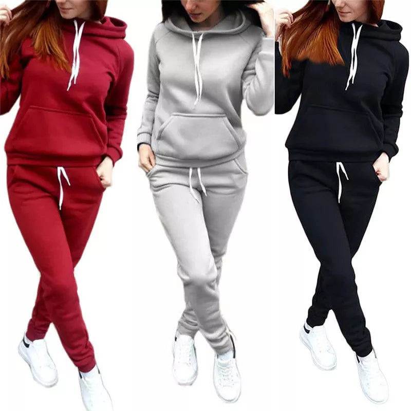 Solid Women Tracksuit Casual Hoodies Sweatshirt Pant Set