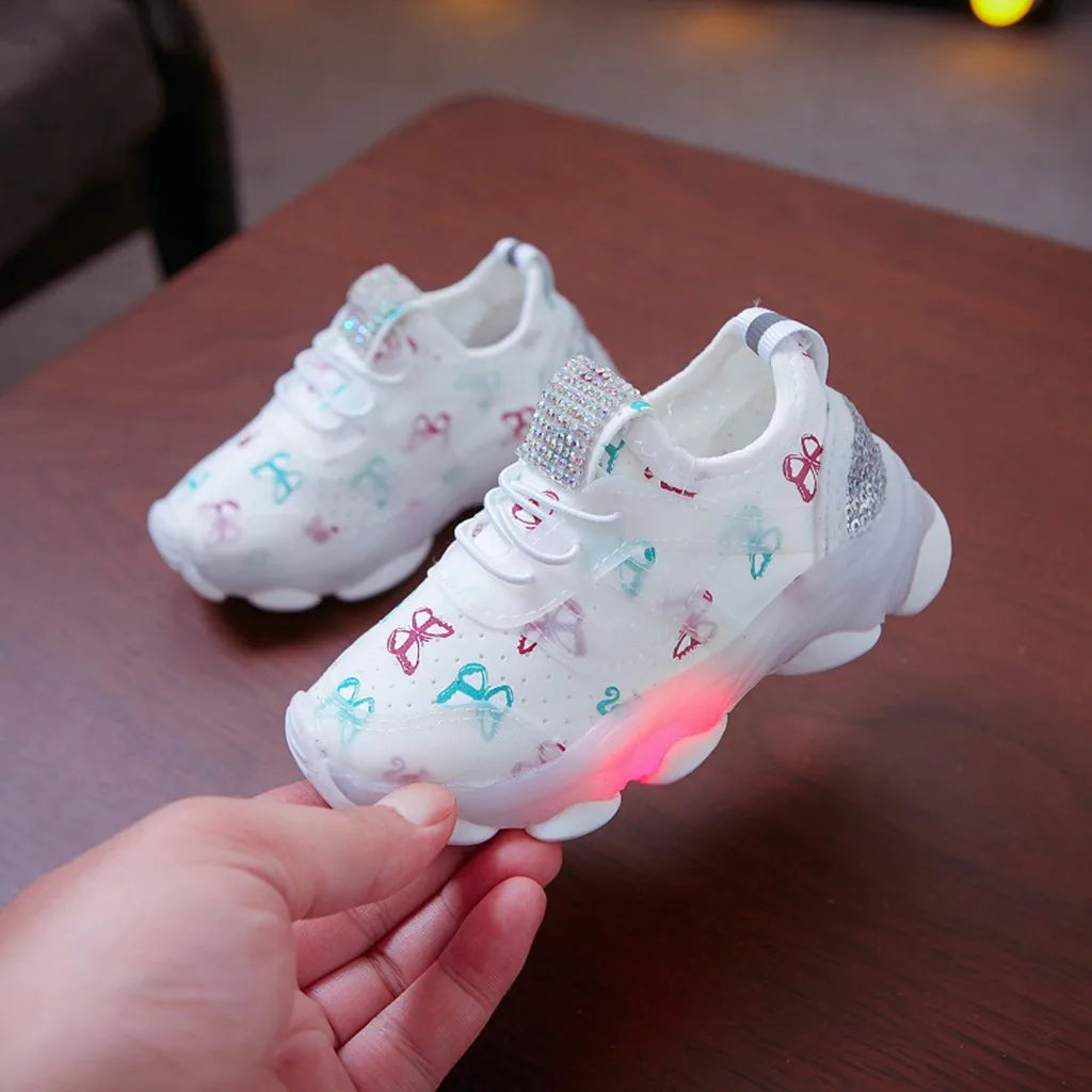 LED Shoes Girl Shoes Fashion Butterfly Crystal Led Luminous Sport Run Sneakers Shoes Scarpe Children Kid Baby Girls Sneakers