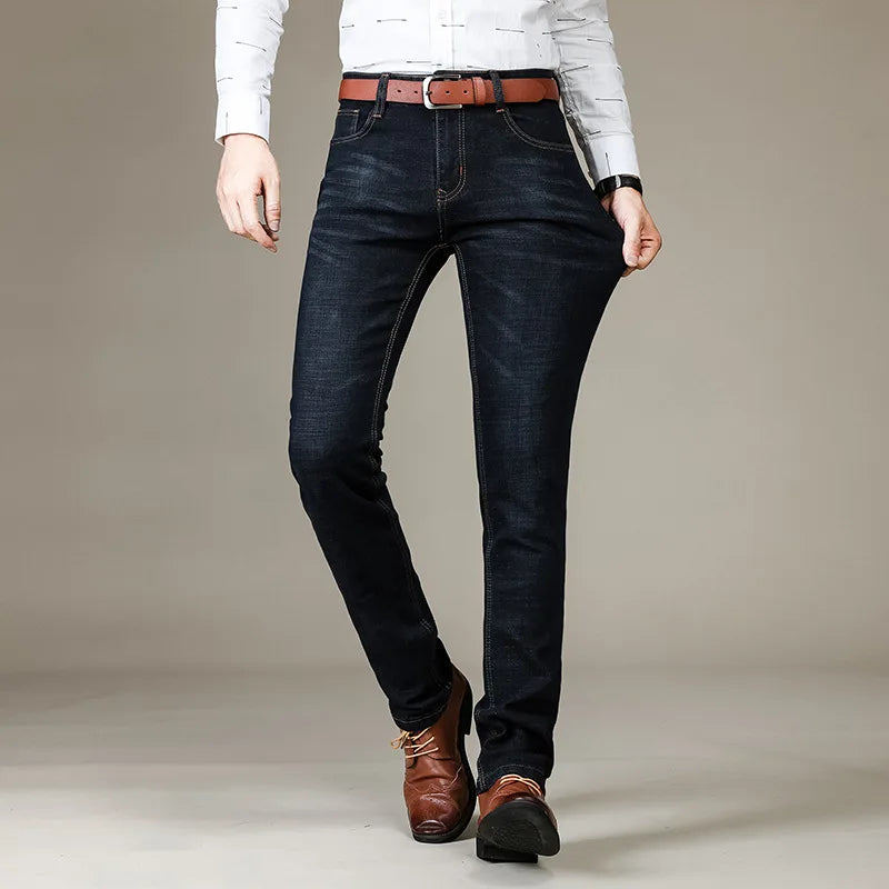 Classic Men's Fitted Stretch Jeans Business Casual Cotton Denim Straight Leg Pants