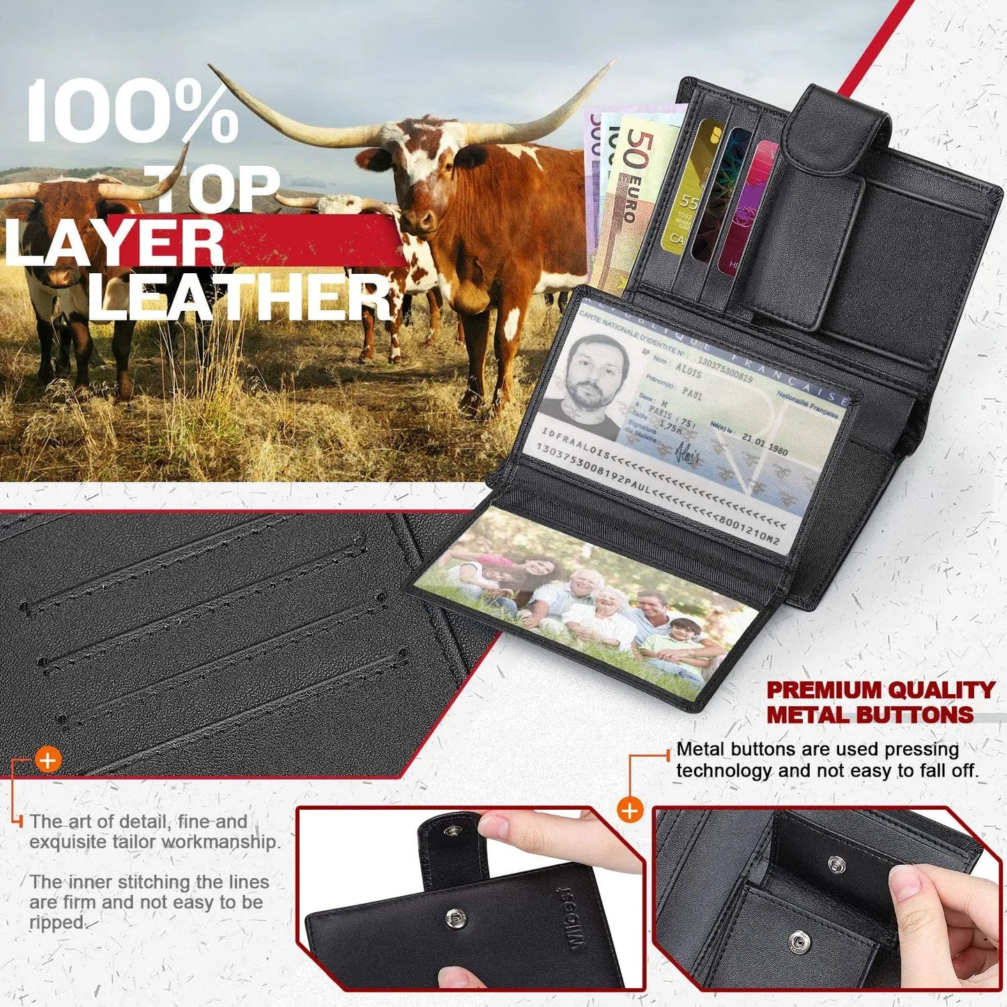 Men Genuine Leather Wallet Business RFID Card Holder Transparent Windows