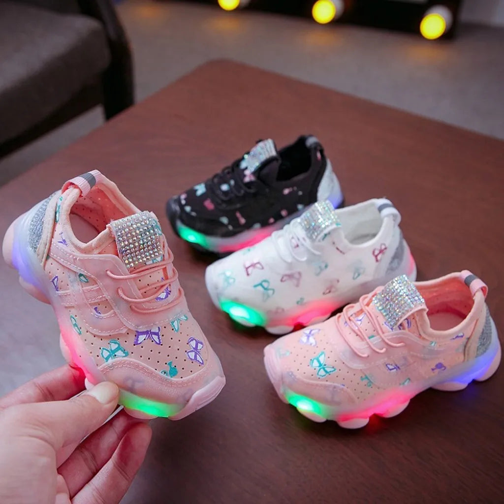 LED Shoes Girl Shoes Fashion Butterfly Crystal Led Luminous Sport Run Sneakers Shoes Scarpe Children Kid Baby Girls Sneakers