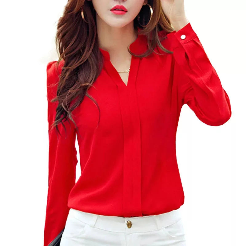 Long Sleeve Shirt Women Autumn Clothing Fashion Slim Chiffon Blouse V Neck