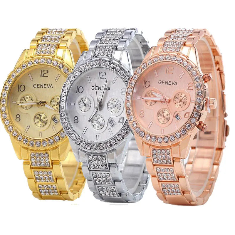 2023 New Famous Brand Women Gold Geneva Stainless Steel Quartz Watch