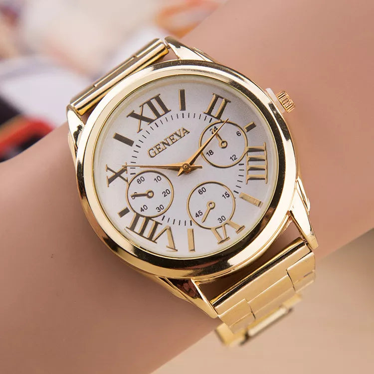 2024 New Brand 3 Eyes Gold Geneva Casual Quartz Watch Women Stainless Steel Dress Watche