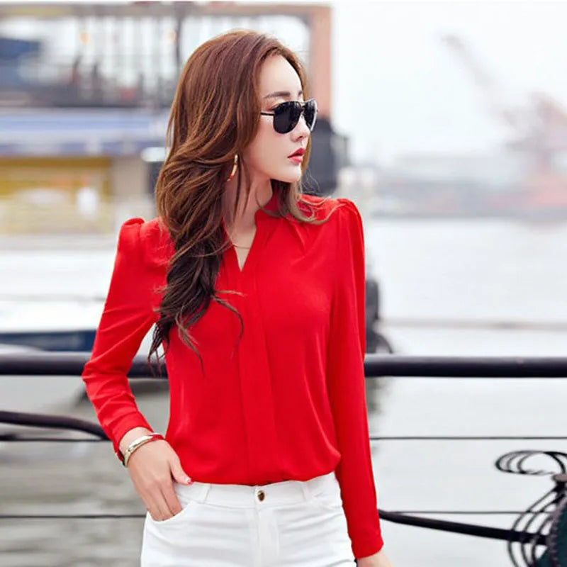 Long Sleeve Shirt Women Autumn Clothing Fashion Slim Chiffon Blouse V Neck