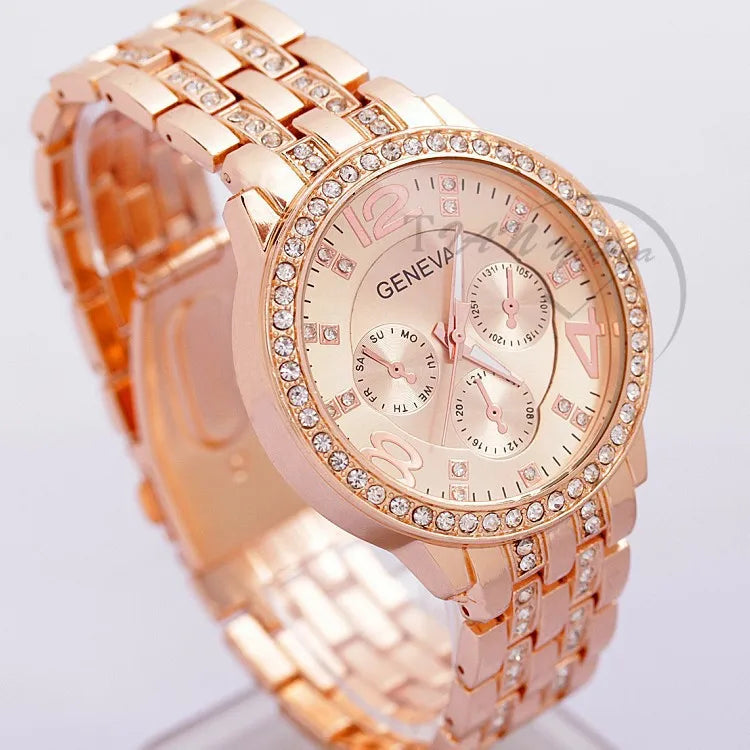 2023 New Famous Brand Women Gold Geneva Stainless Steel Quartz Watch