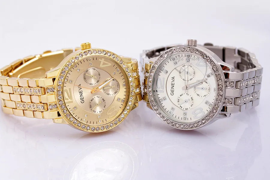 2023 New Famous Brand Women Gold Geneva Stainless Steel Quartz Watch