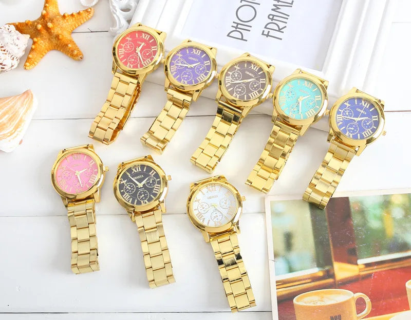 2024 New Brand 3 Eyes Gold Geneva Casual Quartz Watch Women Stainless Steel Dress Watche