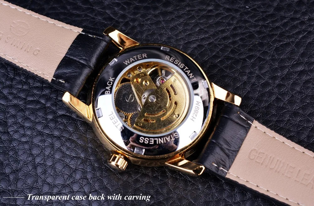 2016 Forsining Hollow Engraving Skeleton Black Golden Case Men Luxury Brand