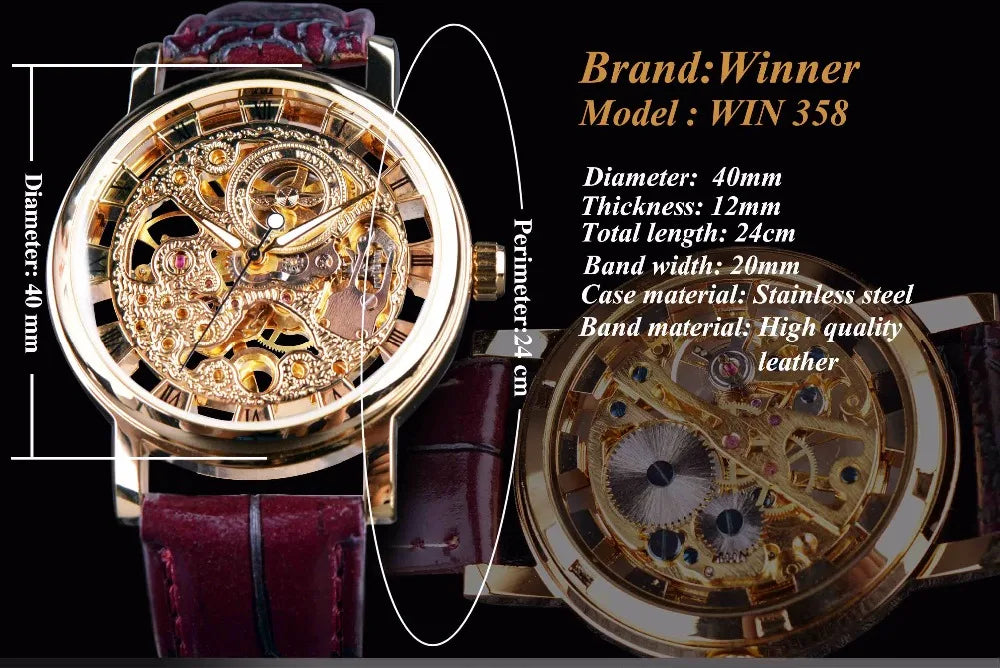 Royal Carving Skeleton Brown Leather Strap Luxury Brand Men