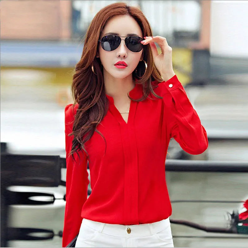 Long Sleeve Shirt Women Autumn Clothing Fashion Slim Chiffon Blouse V Neck