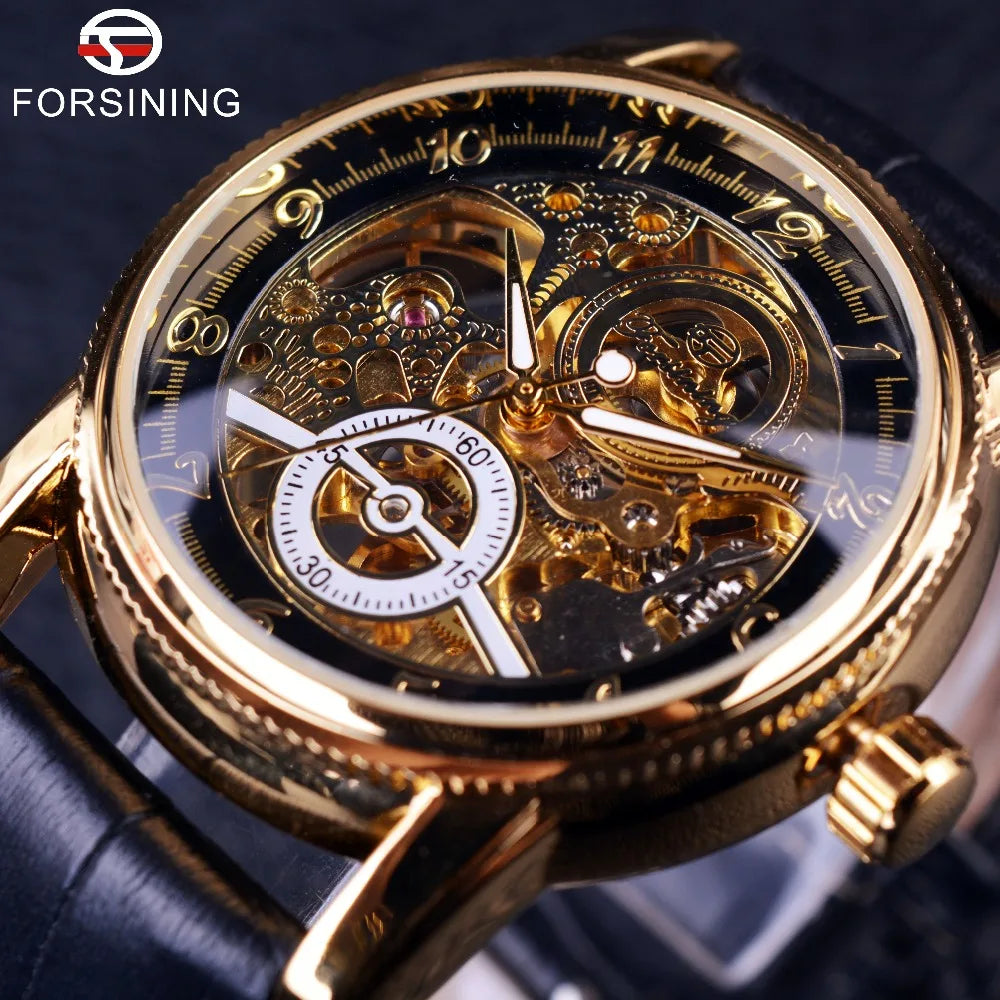 2016 Forsining Hollow Engraving Skeleton Black Golden Case Men Luxury Brand