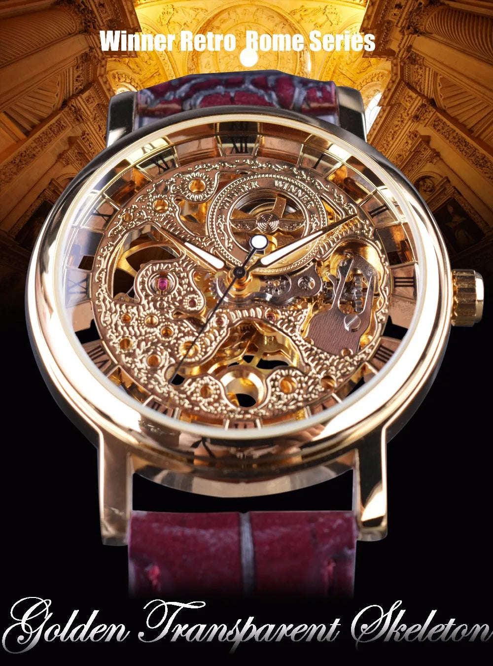 Royal Carving Skeleton Brown Leather Strap Luxury Brand Men