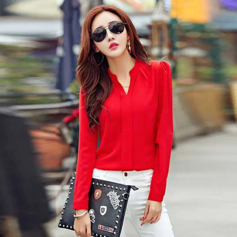 Long Sleeve Shirt Women Autumn Clothing Fashion Slim Chiffon Blouse V Neck