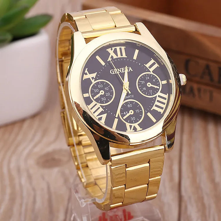 2024 New Brand 3 Eyes Gold Geneva Casual Quartz Watch Women Stainless Steel Dress Watche