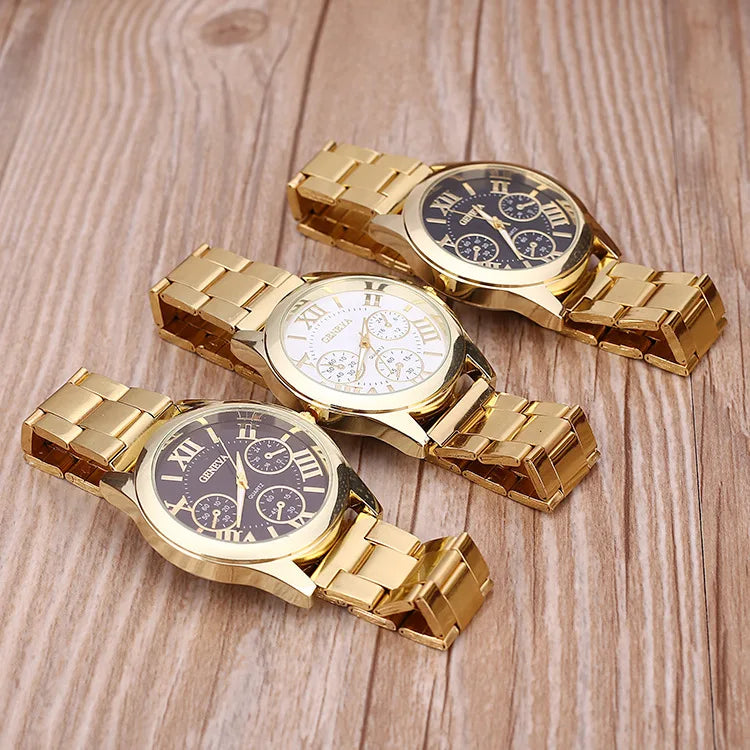 2024 New Brand 3 Eyes Gold Geneva Casual Quartz Watch Women Stainless Steel Dress Watche