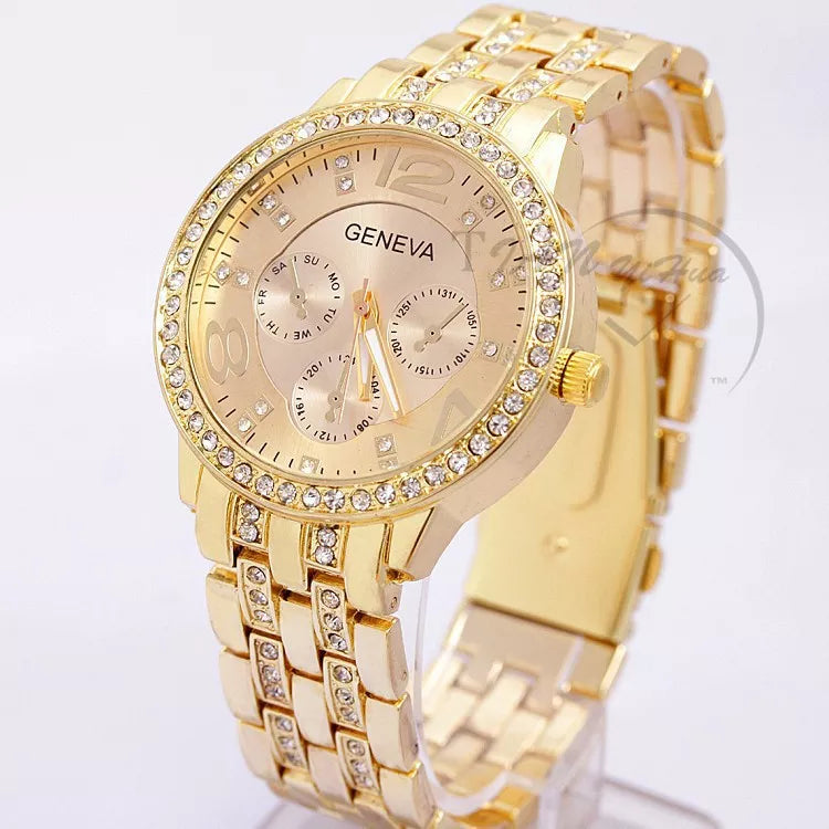 2023 New Famous Brand Women Gold Geneva Stainless Steel Quartz Watch