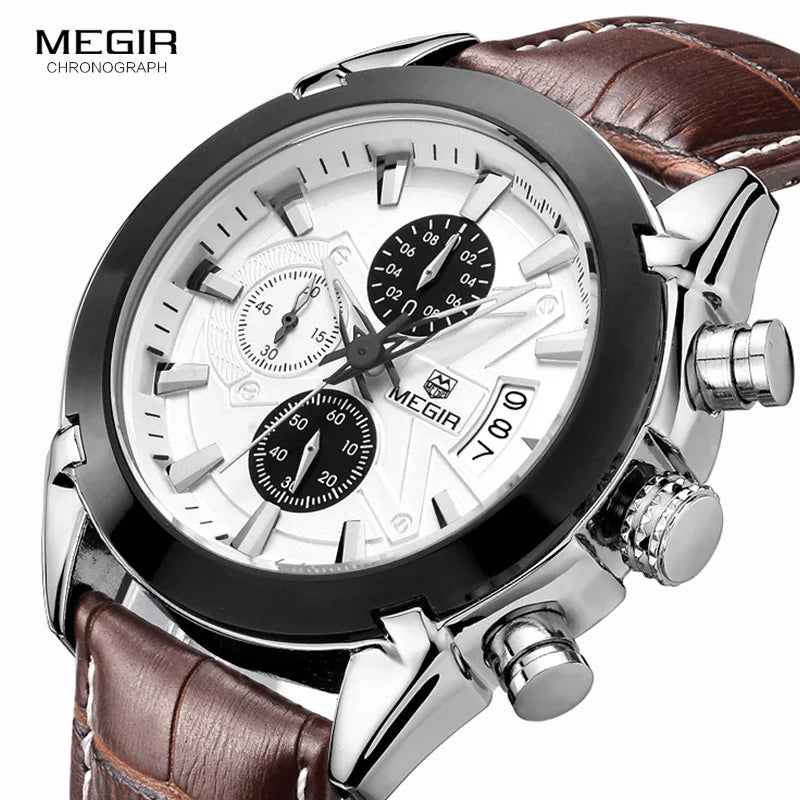 Megir Leather Watch Men Top Brand Luxury Quartz Watch Chronograph Waterproof Watch