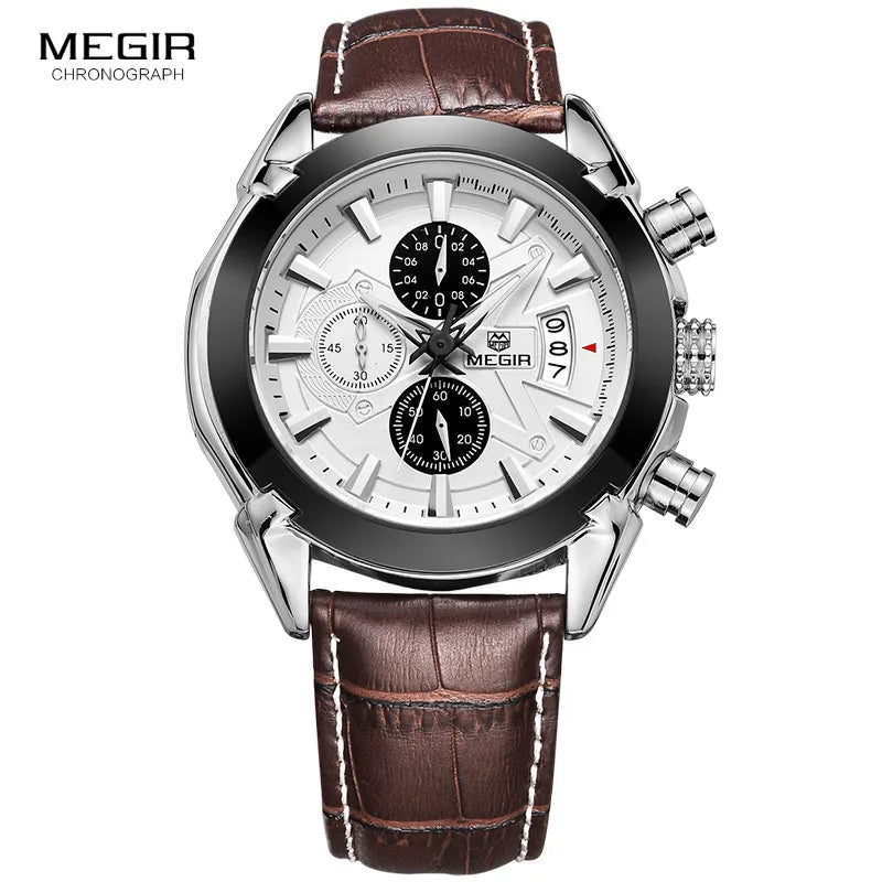 Megir Leather Watch Men Top Brand Luxury Quartz Watch Chronograph Waterproof Watch