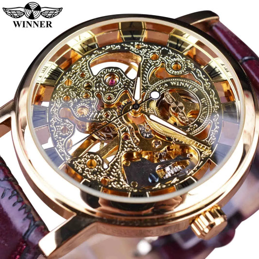 Royal Carving Skeleton Brown Leather Strap Luxury Brand Men