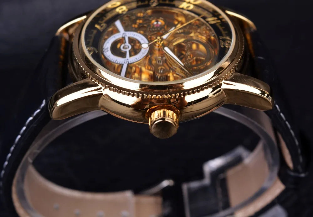 2016 Forsining Hollow Engraving Skeleton Black Golden Case Men Luxury Brand