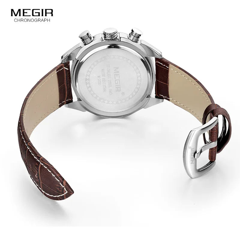 Megir Leather Watch Men Top Brand Luxury Quartz Watch Chronograph Waterproof Watch