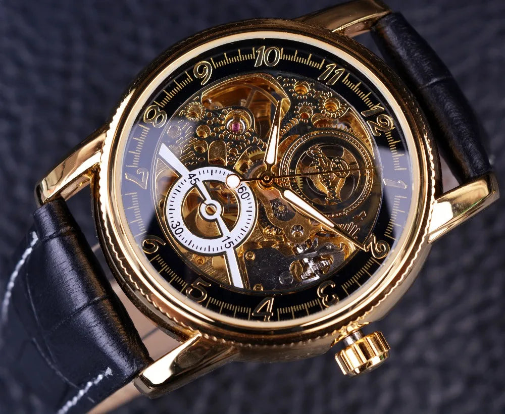 2016 Forsining Hollow Engraving Skeleton Black Golden Case Men Luxury Brand