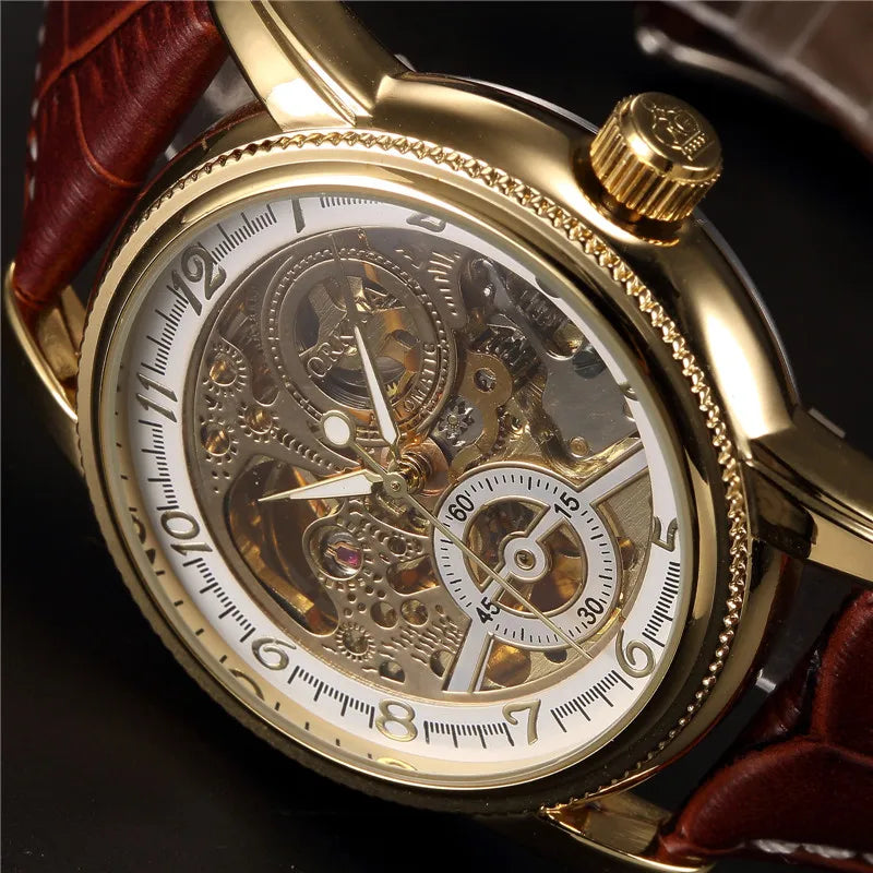 Men Wrist Watches Luxury Golden Skeleton Mechanical Steampunk Male Wristwatch