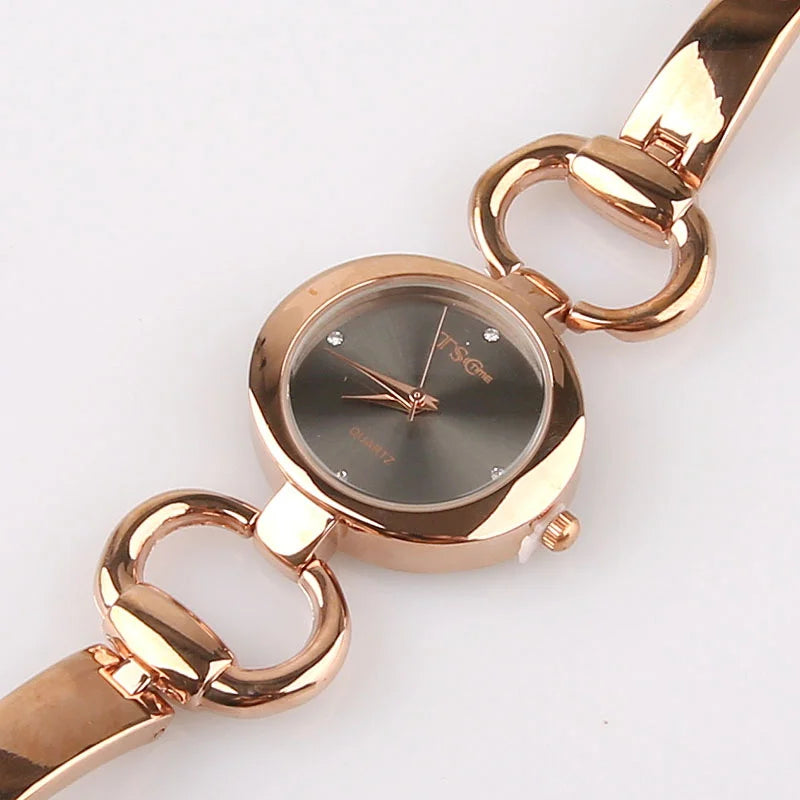 women office ladies rose gold stainless steel luxury quartz wristwatch girls