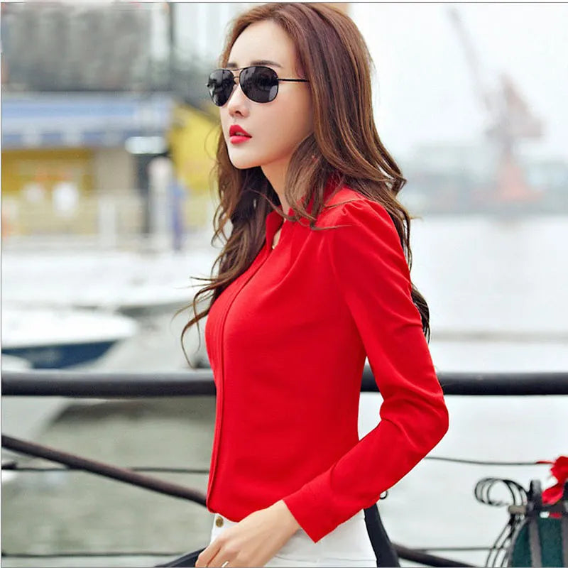 Long Sleeve Shirt Women Autumn Clothing Fashion Slim Chiffon Blouse V Neck