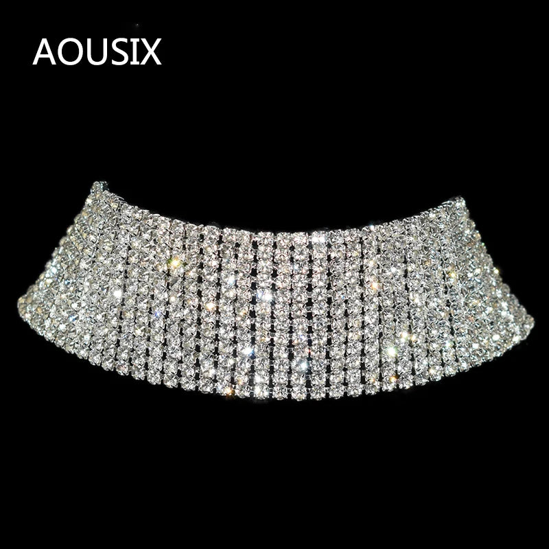 Sparkling Silver Color Crystal Collar Chain Choker Necklace Bridal Women Wedding Party Diamante Rhinestone Choker Jewelry Gifts