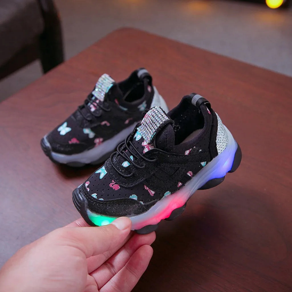 LED Shoes Girl Shoes Fashion Butterfly Crystal Led Luminous Sport Run Sneakers Shoes Scarpe Children Kid Baby Girls Sneakers