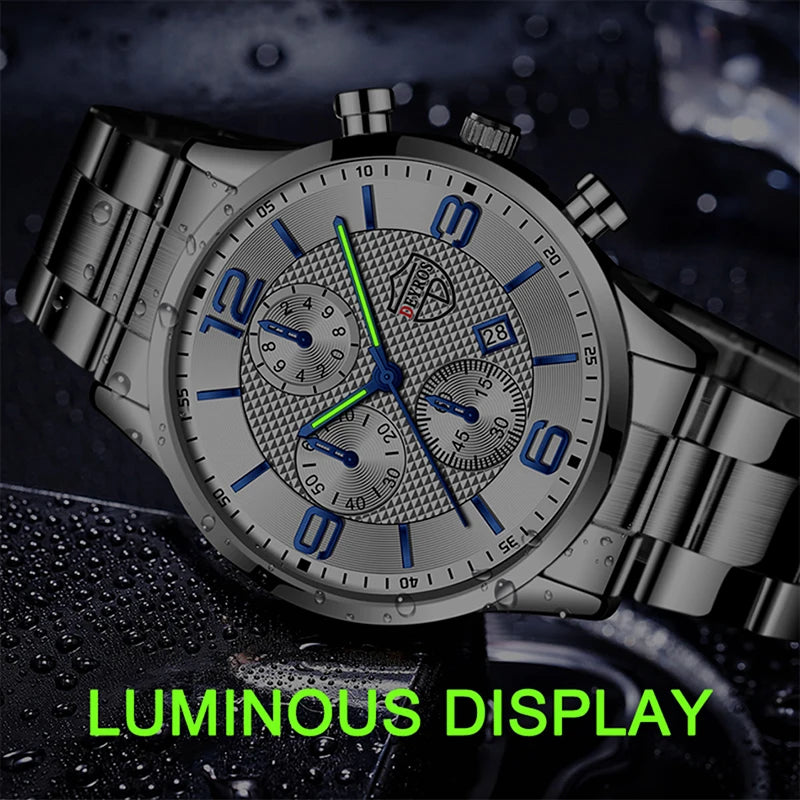 Luxury Business Men Watch Stainless Steel Quartz Male Leather Calendar Luminous Clock