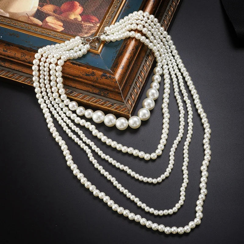 Vintage Imitation Pearl Choker Necklace Art Deco Flapper Accessories for Women White Multi-layer Imitation Pearl Necklaces