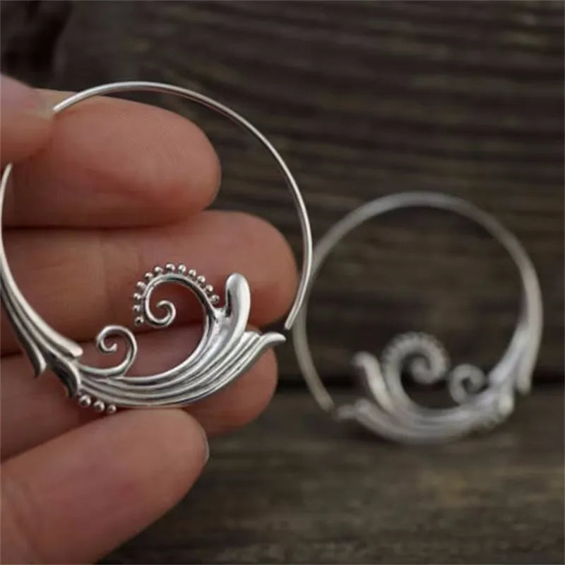 Delicate Round Geometry Sea Wave Earrings for Women Ethnic Silver Color Hoop Earrings for Women Jewelry