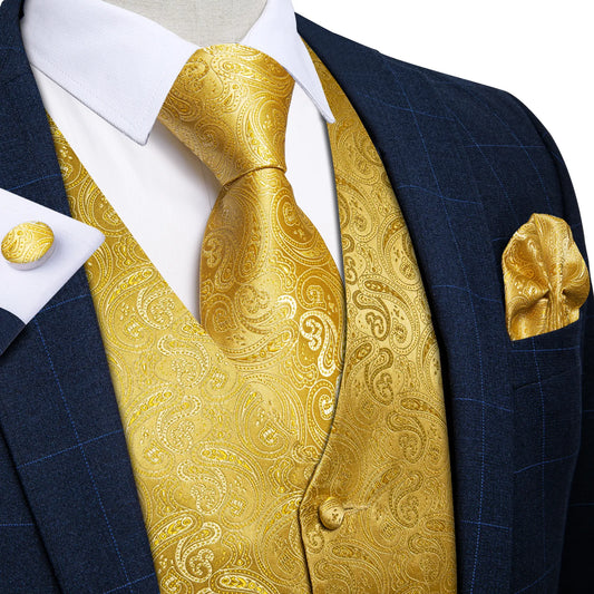 Formal Dress Gold Blue Black Paisley Wedding Suit Vest