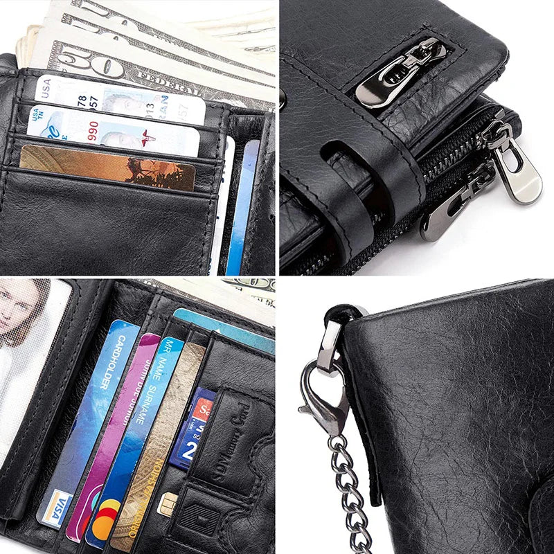 Genuine Cowhide Leather Men Wallet Small Mini Card Holder Hasp